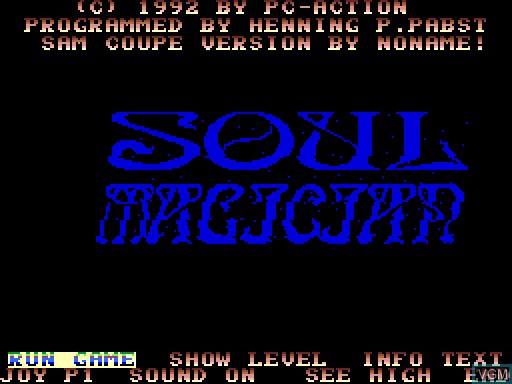 Menu screen of the game Soul Magician on MGT Sam Coupé