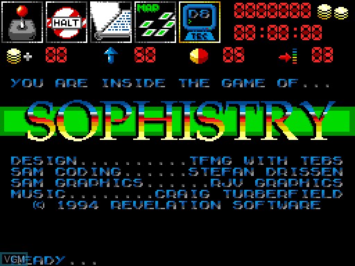 Menu screen of the game Sophistry on MGT Sam Coupé
