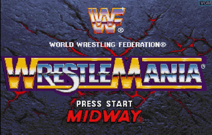 Title screen of the game WWF WrestleMania - The Arcade Game on Sega Saturn