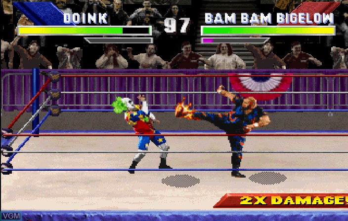 In-game screen of the game WWF WrestleMania - The Arcade Game on Sega Saturn