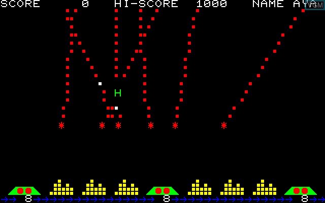 In-game screen of the game Missile Command on Sharp MZ-700