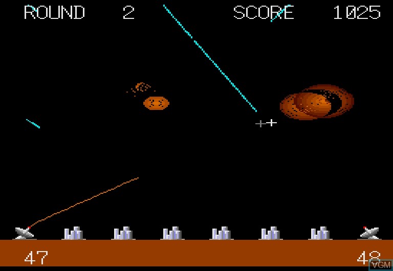 In-game screen of the game Missile Command AMA-68K on Sharp X68000