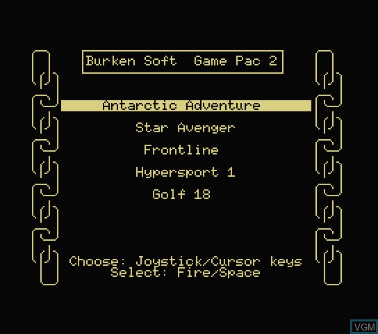 Title screen of the game Burken Soft Game Pac 02 on Spectravideo SVI 318 / 328