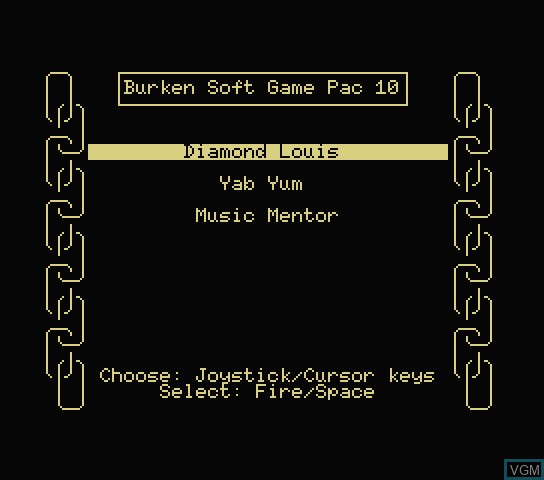 Title screen of the game Burken Soft Game Pac 10 on Spectravideo SVI 318 / 328