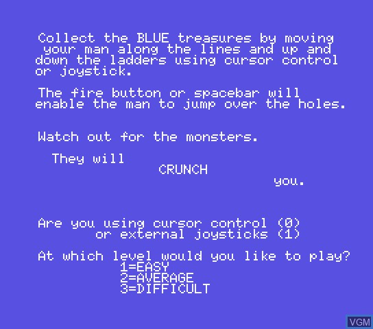 Menu screen of the game Crunch on Spectravideo SVI 318 / 328