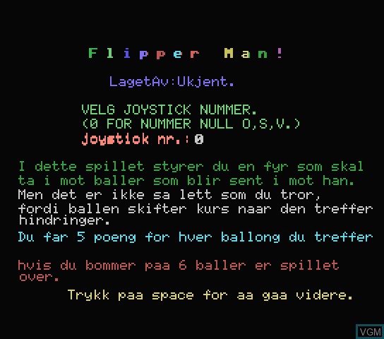 Menu screen of the game Flipper Man on Spectravideo SVI 318 / 328