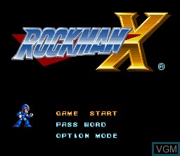 Title screen of the game RockMan X on Nintendo Super NES