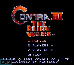 Title screen of the game Contra III - The Alien Wars on Nintendo Super NES