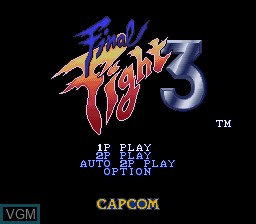 Title screen of the game Final Fight 3 on Nintendo Super NES