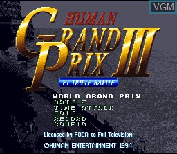 Title screen of the game Human Grand Prix III - F1 Triple Battle on Nintendo Super NES