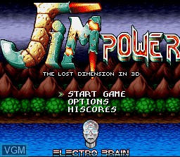 Title screen of the game Jim Power - The Lost Dimension in 3-D on Nintendo Super NES