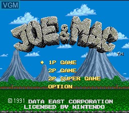 Title screen of the game Joe & Mac on Nintendo Super NES