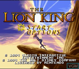 Title screen of the game Lion King, The on Nintendo Super NES