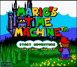 Title screen of the game Mario's Time Machine on Nintendo Super NES