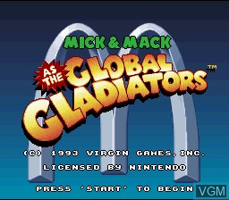 Title screen of the game Mick & Mack as the Global Gladiators on Nintendo Super NES