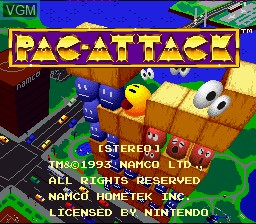 Title screen of the game Pac-Attack on Nintendo Super NES