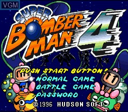 Title screen of the game Super Bomberman 4 on Nintendo Super NES