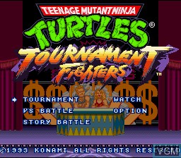 Title screen of the game Teenage Mutant Ninja Turtles - Tournament Fighters on Nintendo Super NES