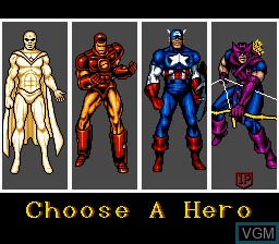 Menu screen of the game Captain America and the Avengers on Nintendo Super NES