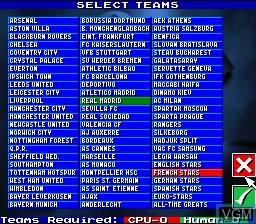 Menu screen of the game Manchester United Championship Soccer on Nintendo Super NES