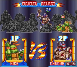 Menu screen of the game Teenage Mutant Ninja Turtles - Tournament Fighters on Nintendo Super NES