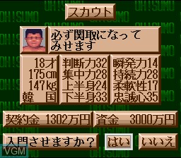 Menu screen of the game Yokozuna Monogatari on Nintendo Super NES