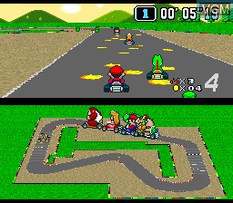 In-game screen of the game Super Mario Kart on Nintendo Super NES