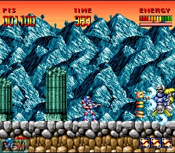 In-game screen of the game Super Turrican on Nintendo Super NES