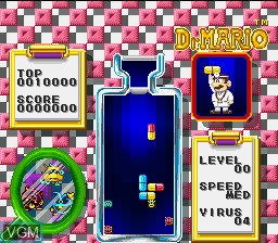 In-game screen of the game Dr. Mario on Nintendo Super NES