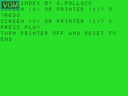 In-game screen of the game Tape Index on Tandy MC10