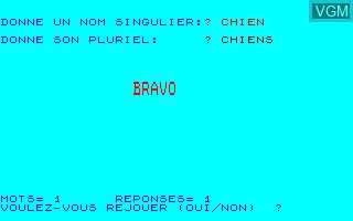 In-game screen of the game Pluriel des Noms Simples on Thomson TO7