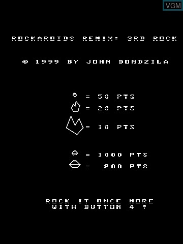 Title screen of the game Rockaroids Remix - 3rd Rock by John Dondzila on MB Vectrex