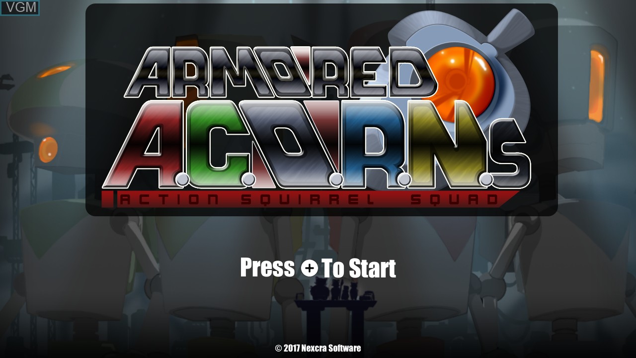 Title screen of the game Armored ACORNs - Action Squirrel Squad on Nintendo Wii U
