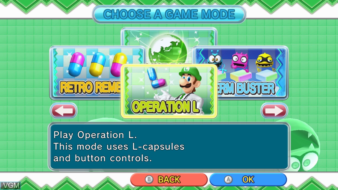 Menu screen of the game Dr. Luigi on Nintendo Wii U