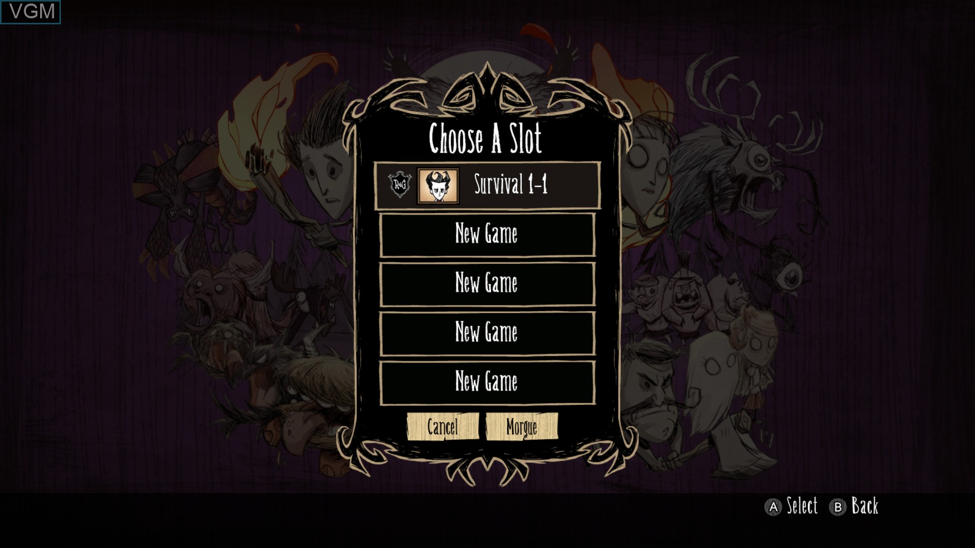 Menu screen of the game Don't Starve - Giant Edition on Nintendo Wii U