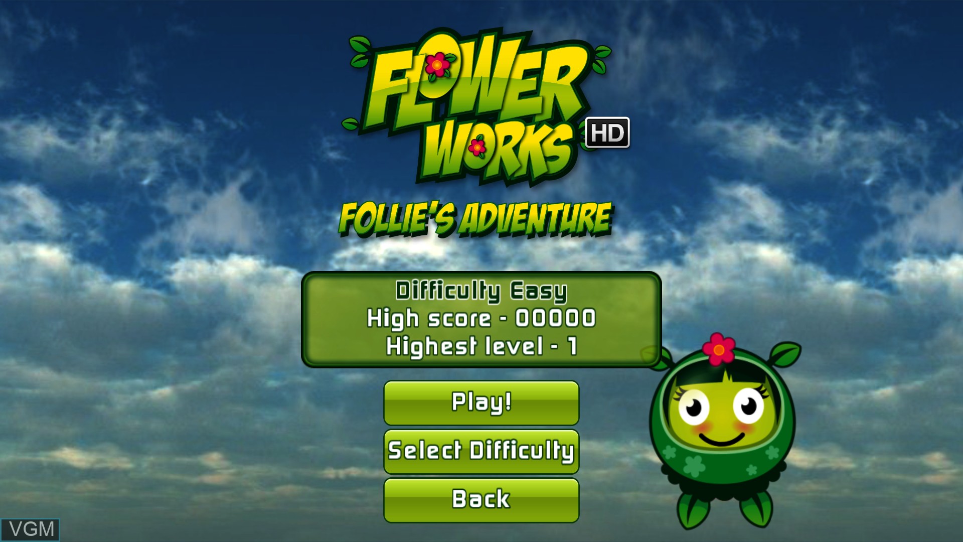 Menu screen of the game Flowerworks HD - Follie's Adventure on Nintendo Wii U