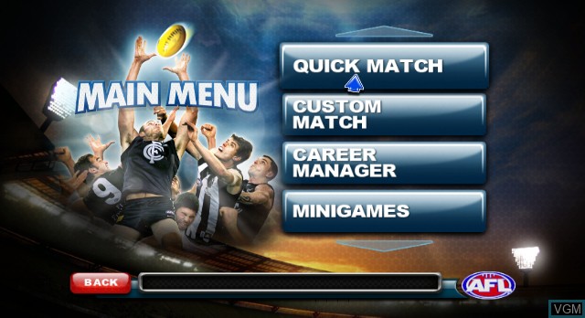 Menu screen of the game AFL - Australian Football League on Nintendo Wii
