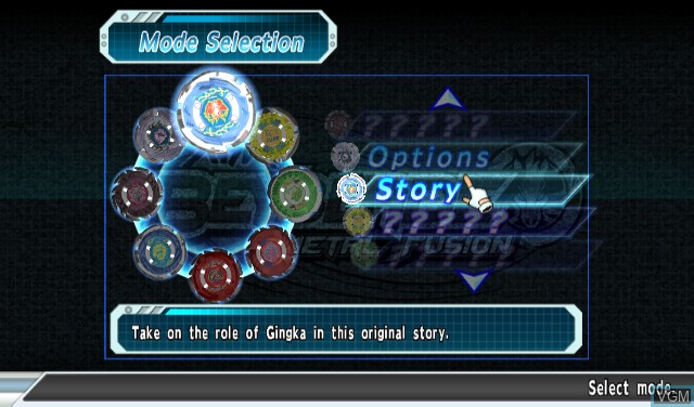 Menu screen of the game Beyblade - Metal Fusion - Battle Fortress on Nintendo Wii