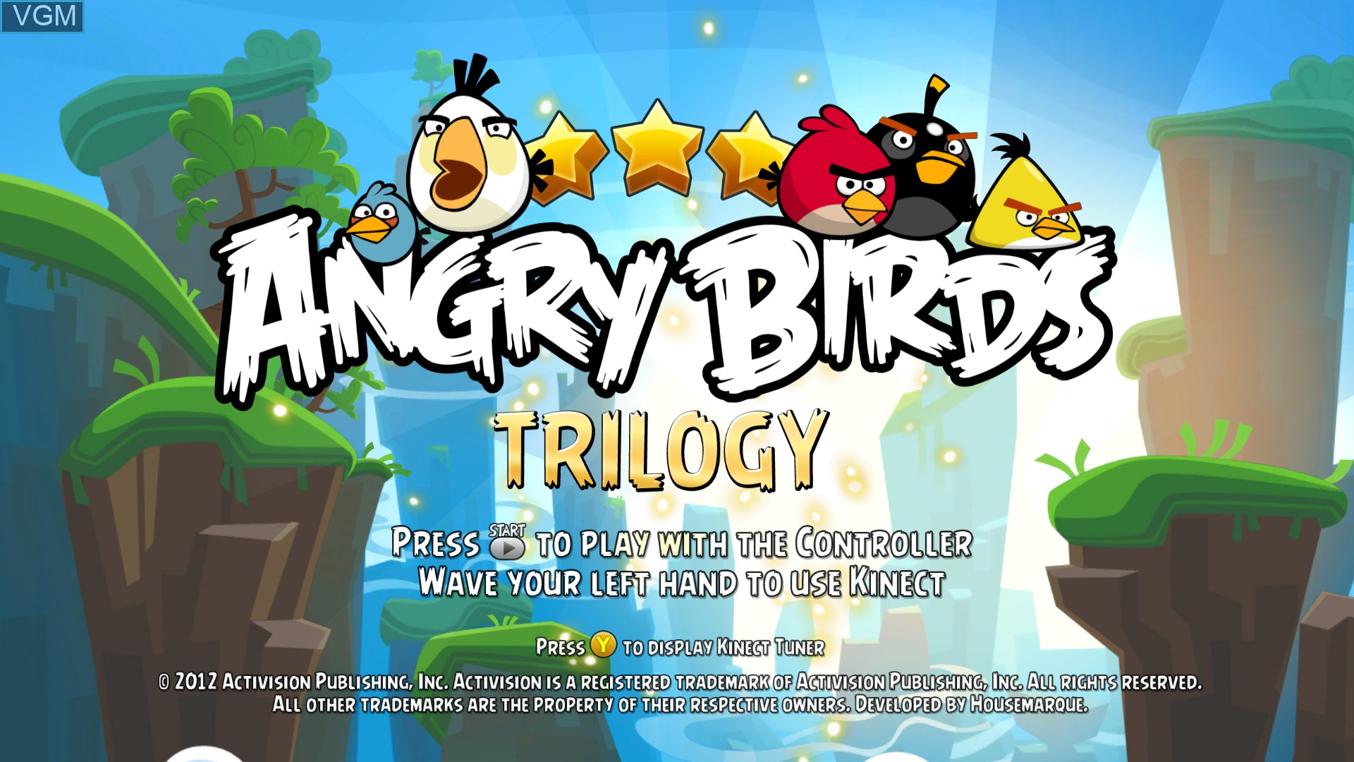 Title screen of the game Angry Birds Trilogy on Microsoft Xbox 360