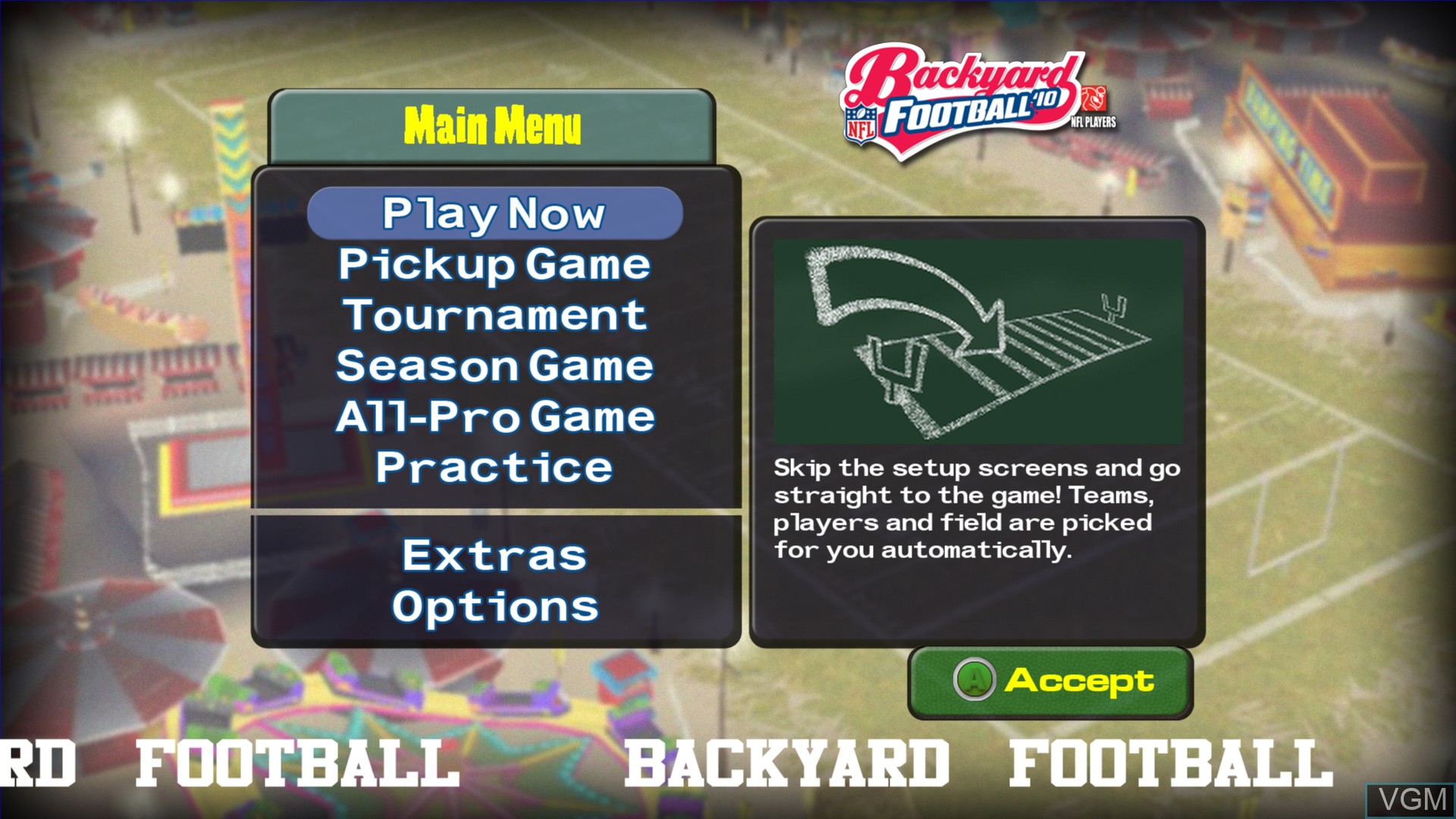 Menu screen of the game Backyard Football '10 on Microsoft Xbox 360