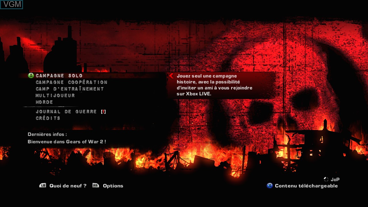Menu screen of the game Gears of War 2 on Microsoft Xbox 360