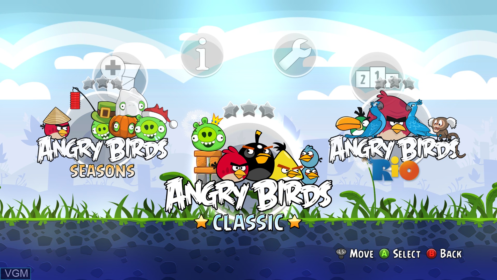 Menu screen of the game Angry Birds Trilogy on Microsoft Xbox 360