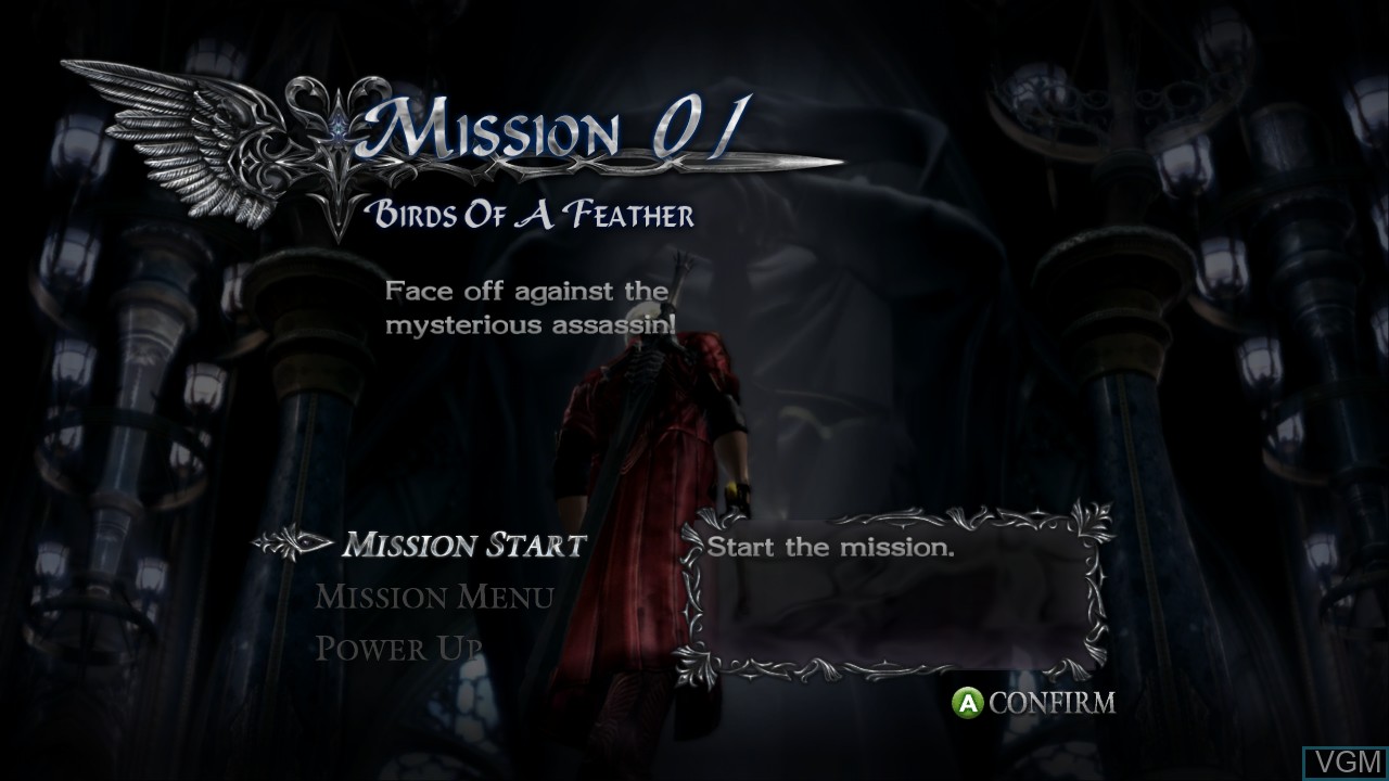 Menu screen of the game Devil May Cry 4 on Microsoft Xbox 360