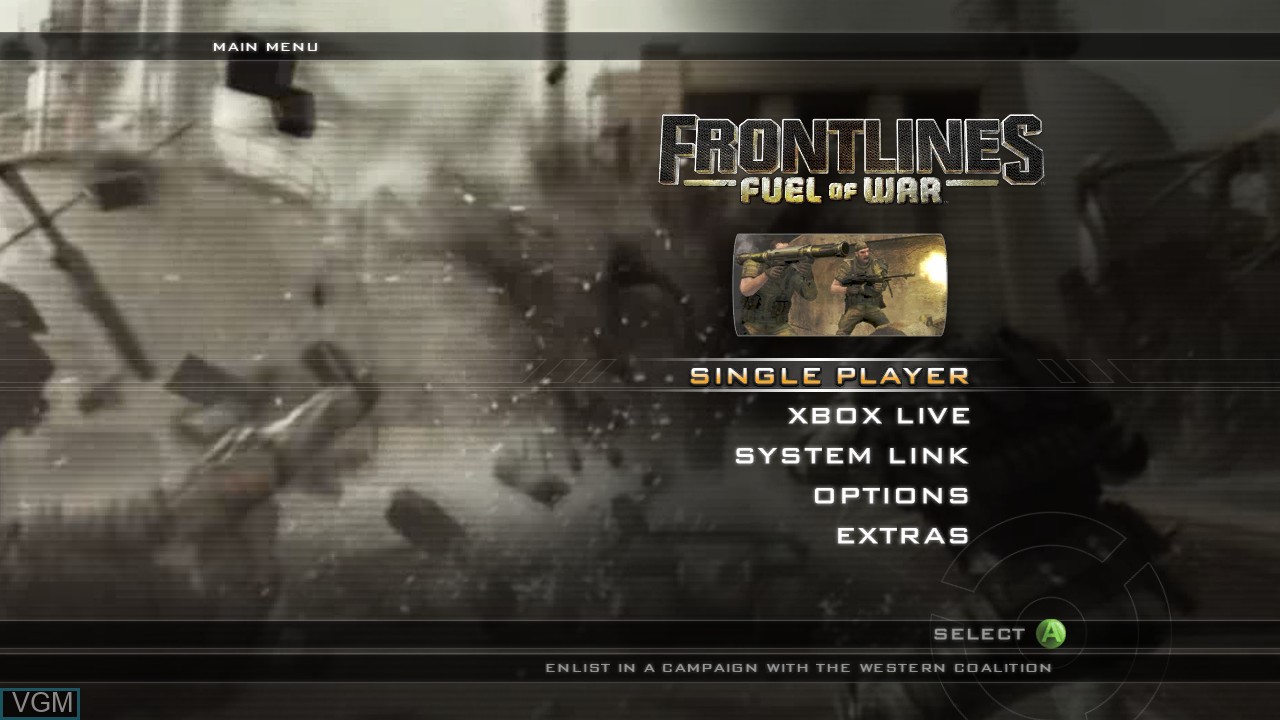 Menu screen of the game Frontlines - Fuel of War on Microsoft Xbox 360