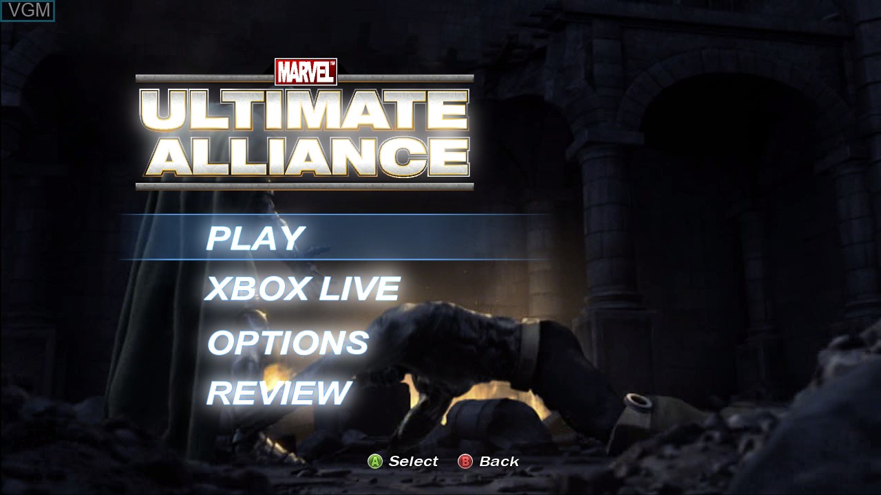Menu screen of the game Marvel - Ultimate Alliance on Microsoft Xbox 360