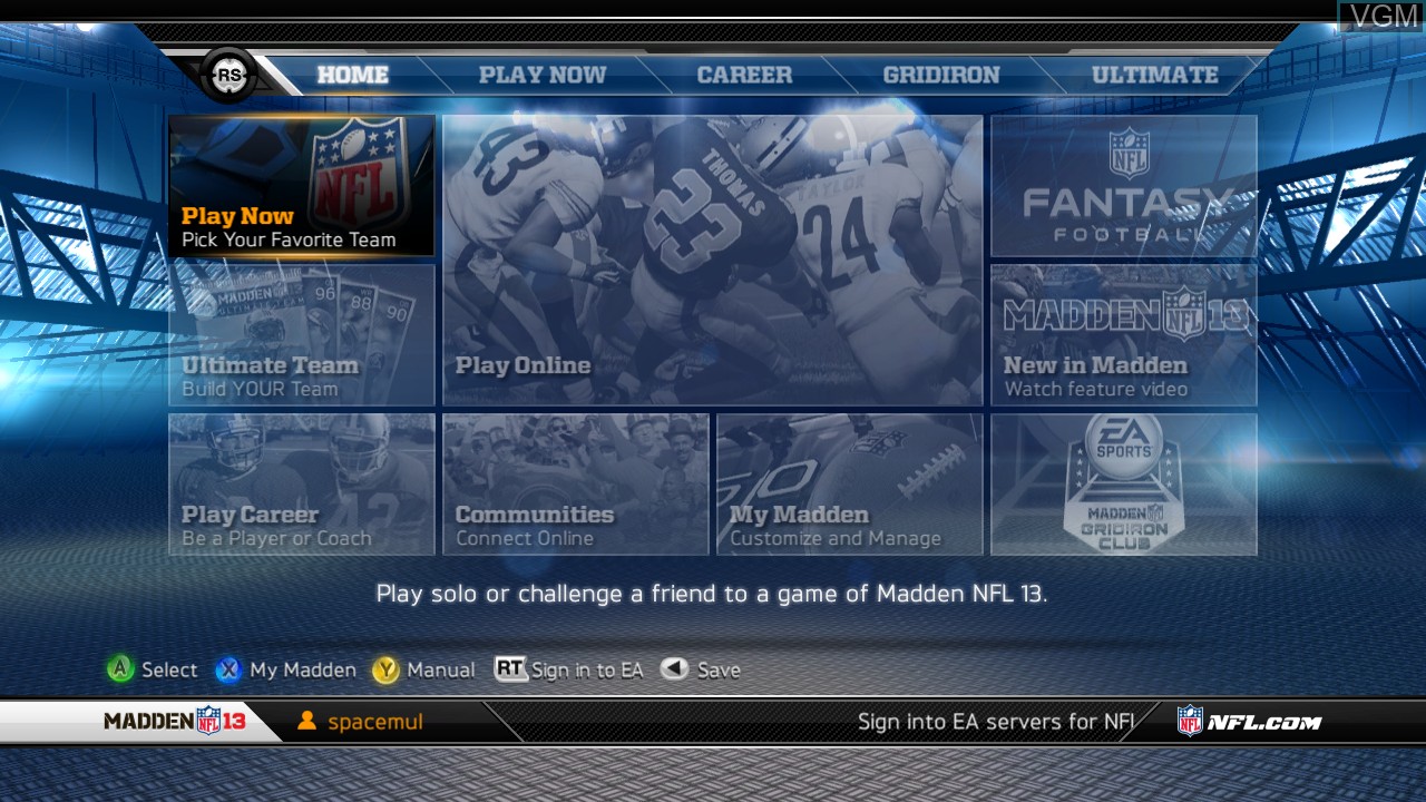 Menu screen of the game Madden NFL 13 on Microsoft Xbox 360