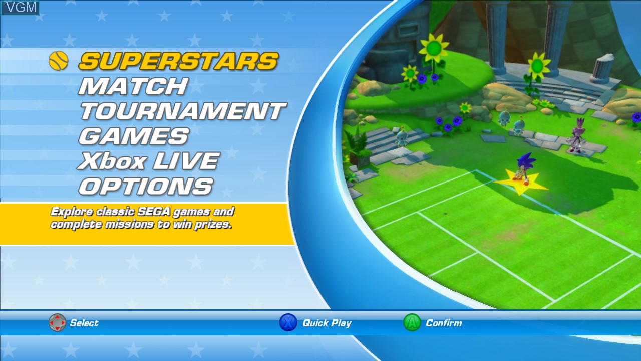 Menu screen of the game Sega Superstars Tennis on Microsoft Xbox 360