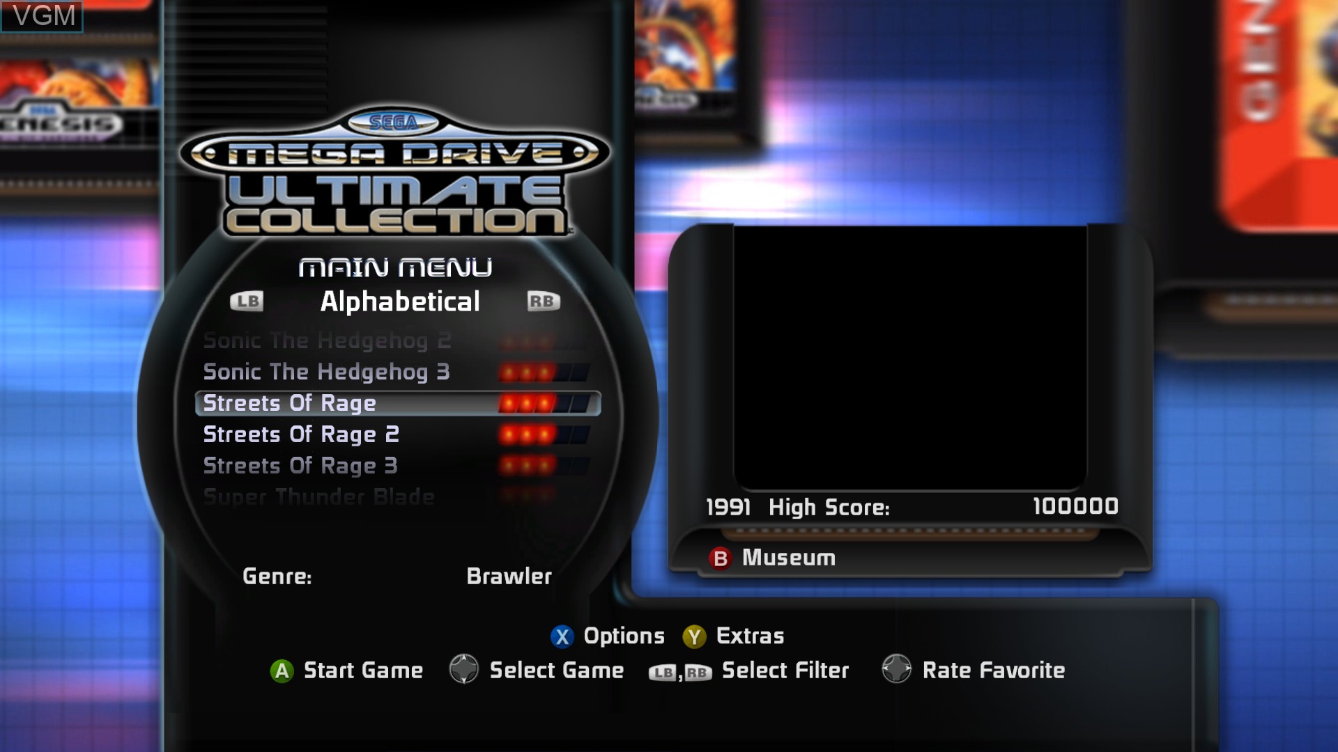Menu screen of the game Sega Mega Drive Ultimate Collection on Microsoft Xbox 360