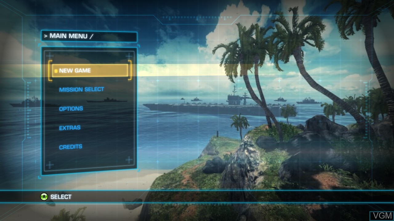Menu screen of the game Battleship on Microsoft Xbox 360
