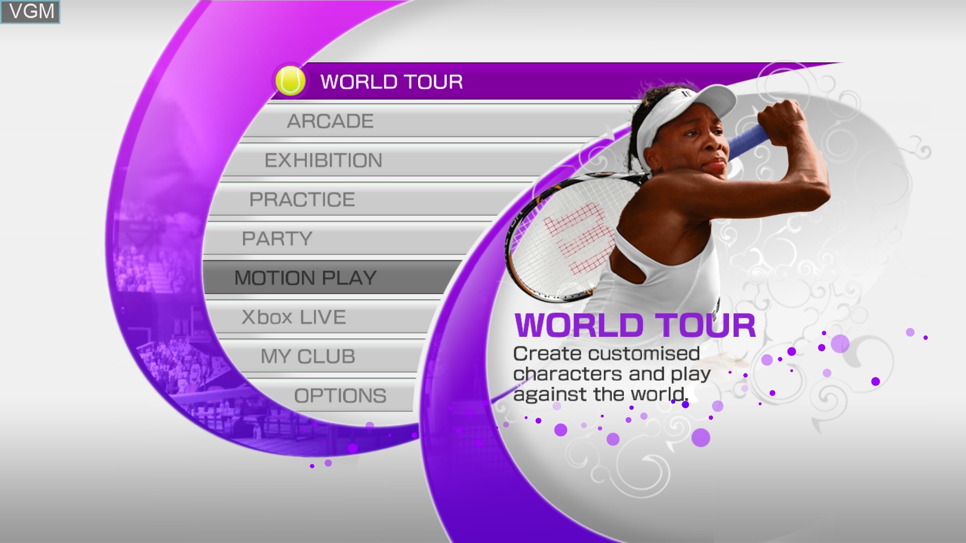 Menu screen of the game Virtua Tennis 4 on Microsoft Xbox 360